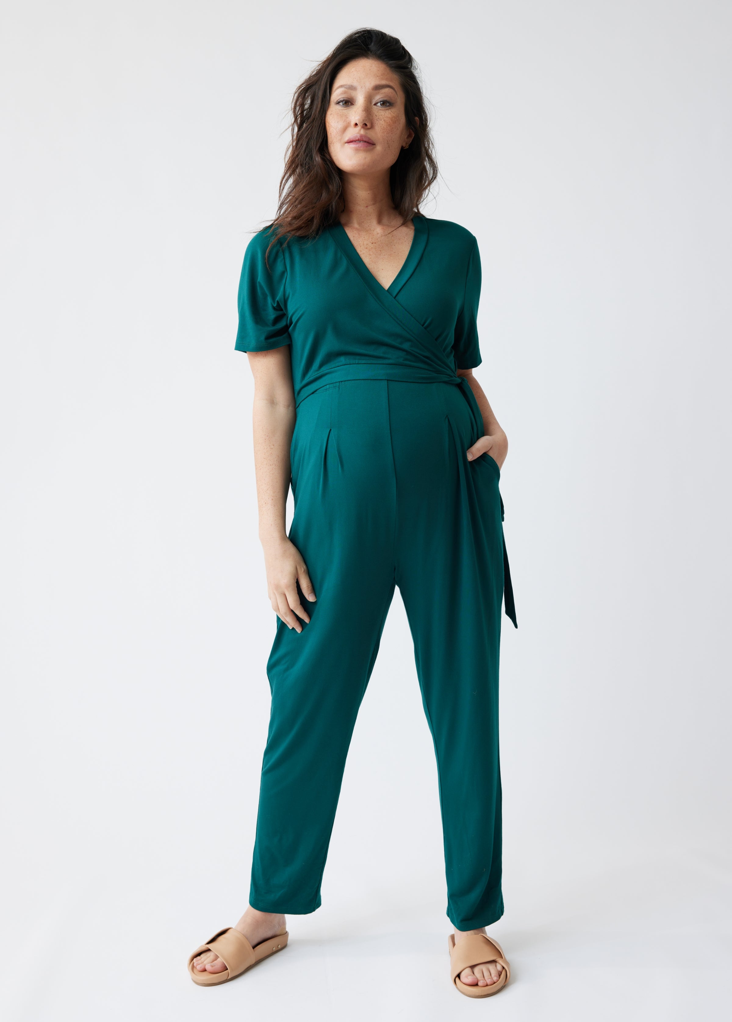 Wrap Front Maternity to Nursing Jersey Jumpsuit – Teal