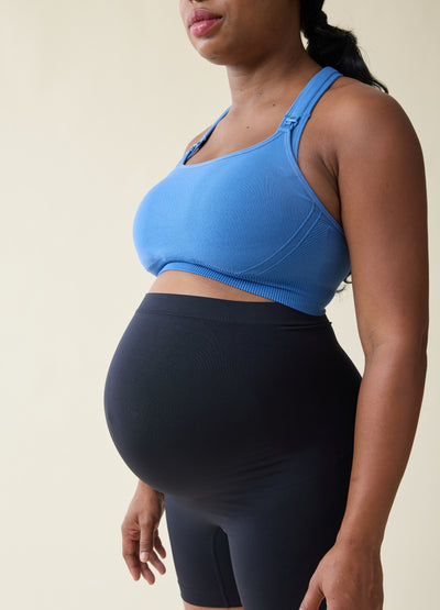 Hope is 5’8”, 8 months pregnant, and wearing size medium||riverside blue