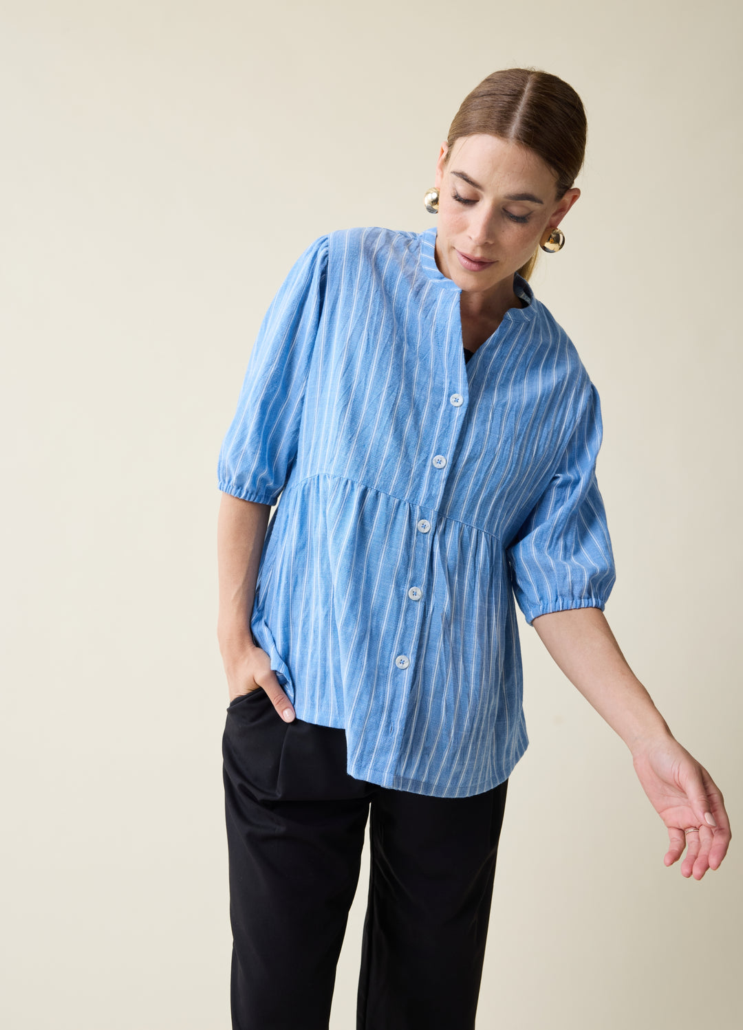 Ingrid Isabel Peplum Maternity Button Up Shirt in Blue White Stripe