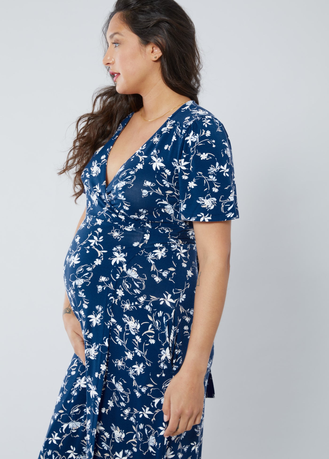 Navy Blue Floral Wrap Maternity Dress